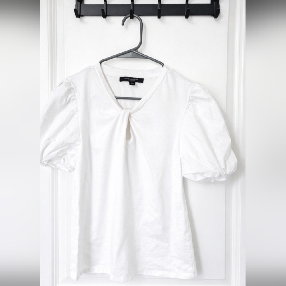 Massimo Dutti White Puff Sleeve Twist Neck Tee